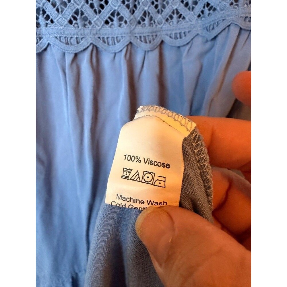 Blue Crochet Lace Bodice Tiered Midi Dress Boho Smocked Back Sundress Size XL - Picture 8 of 8